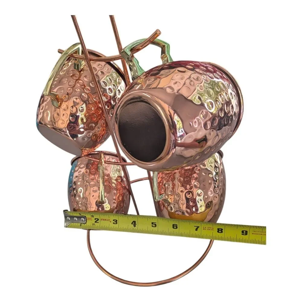 Moscow Mule Copper Mug Set of 4 Display Stand Hammered Cocktail Cups Barwear